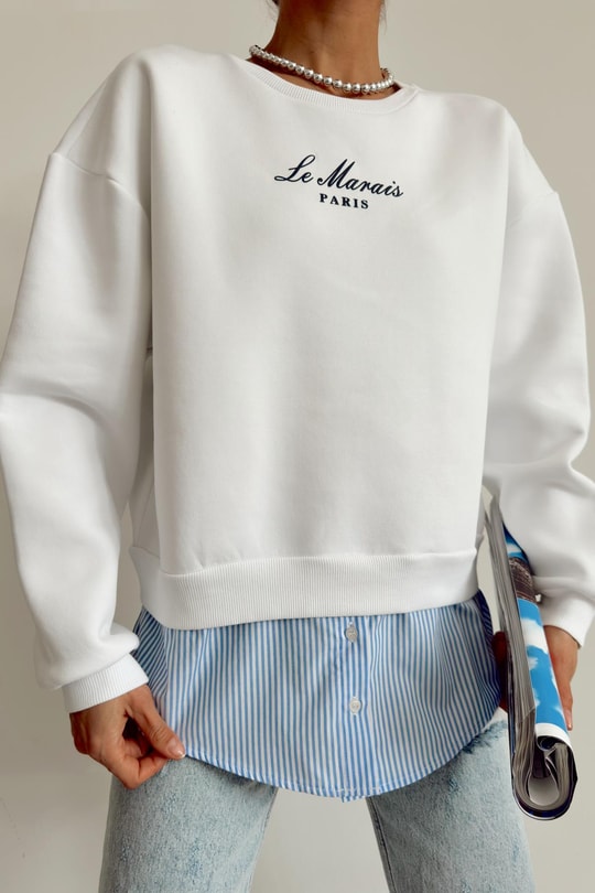 Poplin Detaylı Sweat Beyaz