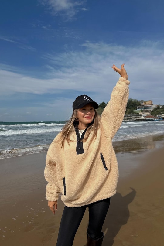 Premium Yarım Fermuarlı Peluş Sweat Krem