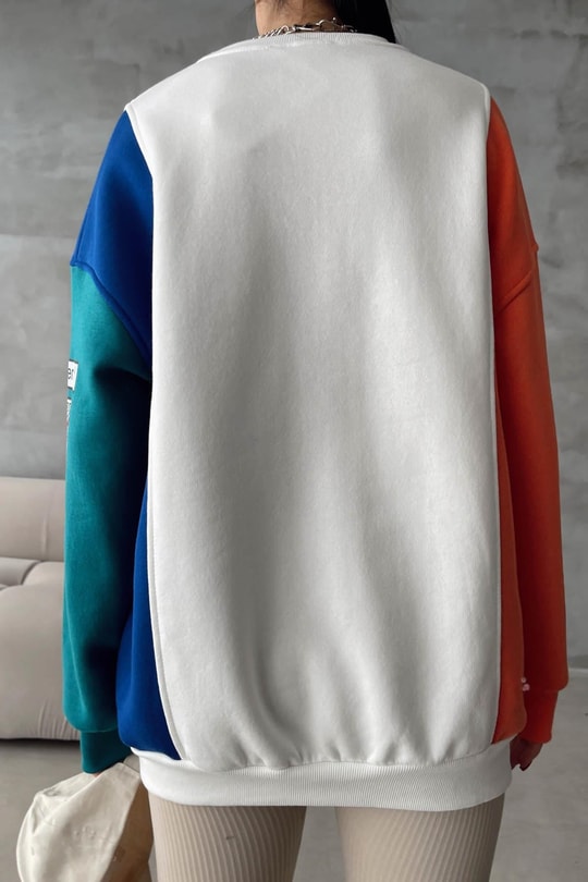 Renk Bloklu Baskılı Sweatshirt Beyaz