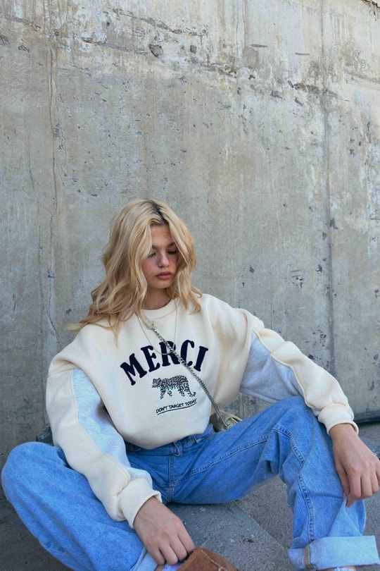 Renk Bloklu Mercı Sweatshirt Bej