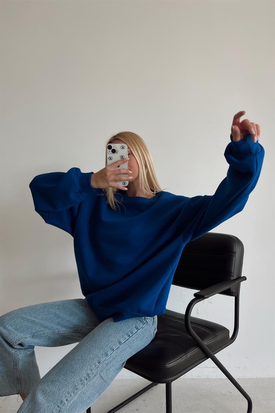 Ribana Detaylı Basic Sweatshirt Saks Mavisi