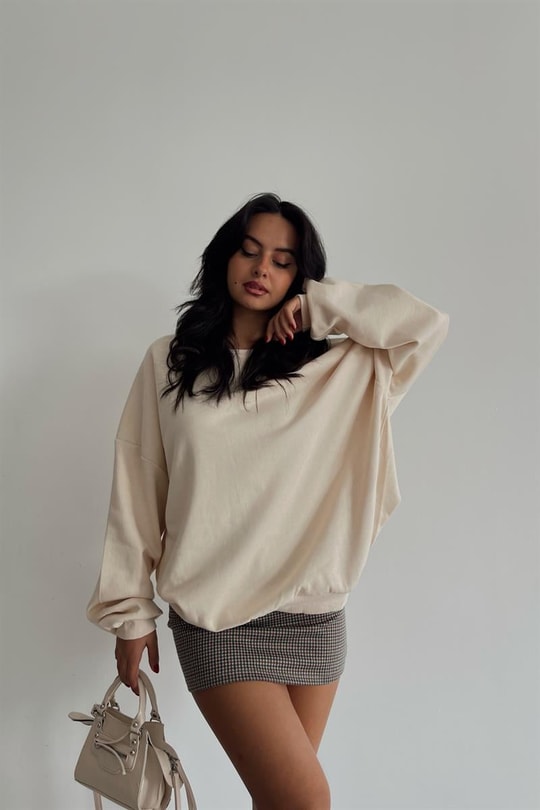 Ribana Detaylı Basic Sweatshirt Krem