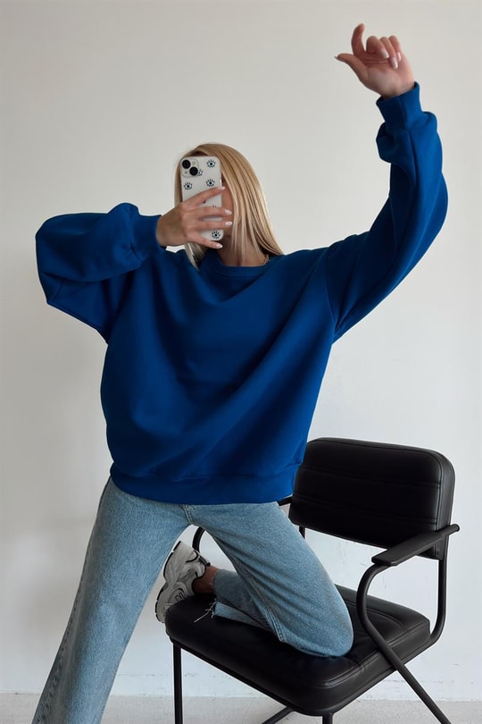 Ribana Detaylı Basic Sweatshirt Saks Mavisi