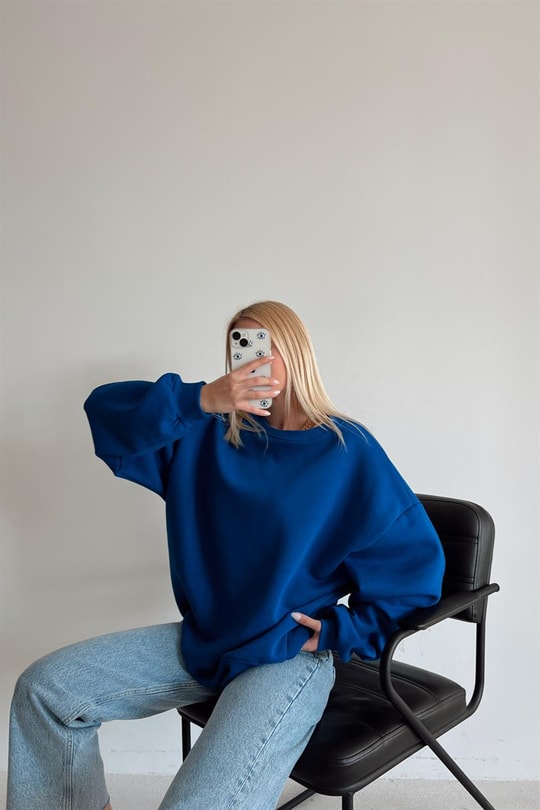 Ribana Detaylı Basic Sweatshirt Saks Mavisi
