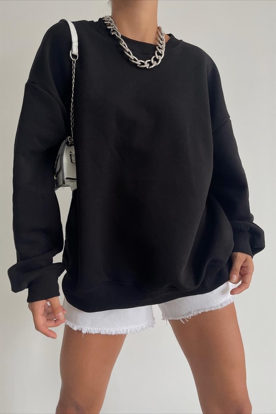 Ribana Detaylı Basic Sweatshirt Siyah