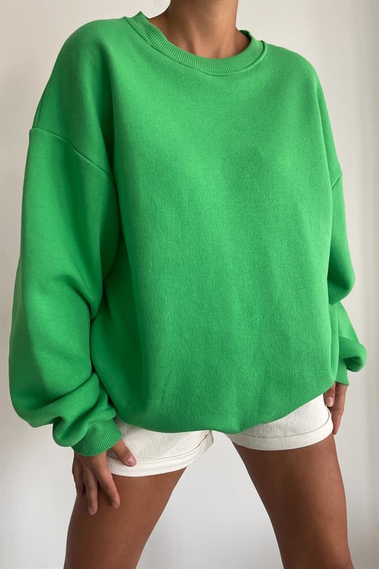Ribana Detaylı Basic Sweatshirt Neon Yeşil