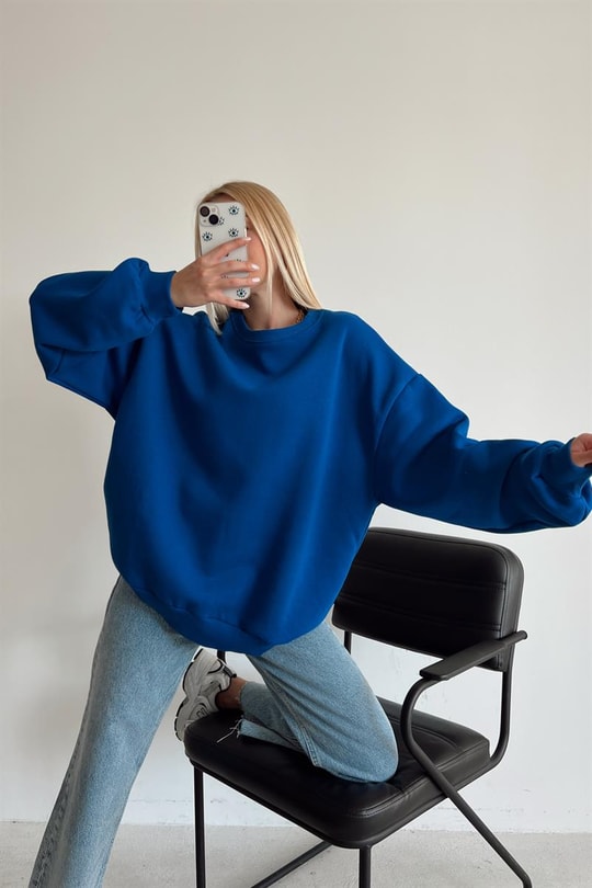 Ribana Detaylı Basic Sweatshirt Saks Mavisi