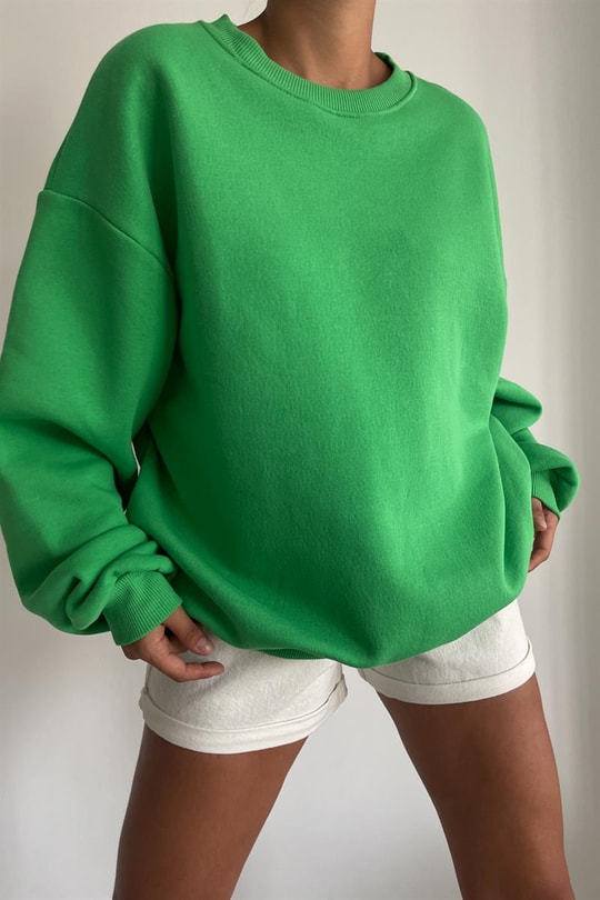 Ribana Detaylı Basic Sweatshirt Neon Yeşil