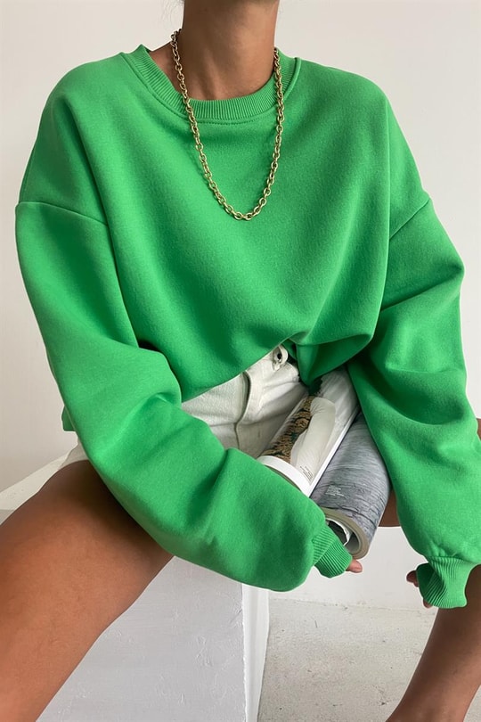 Ribana Detaylı Basic Sweatshirt Neon Yeşil