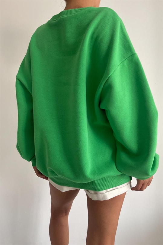 Ribana Detaylı Basic Sweatshirt Neon Yeşil
