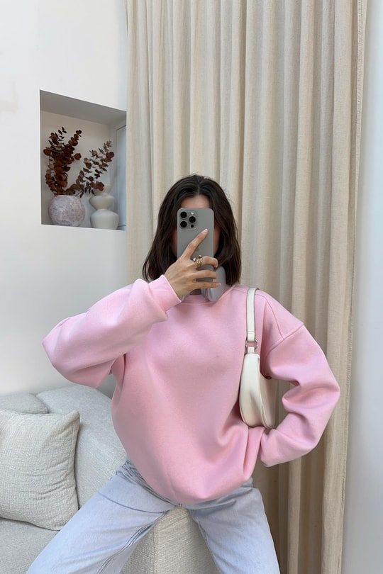 Ribanalı Basic Sweat Şeker Pembe