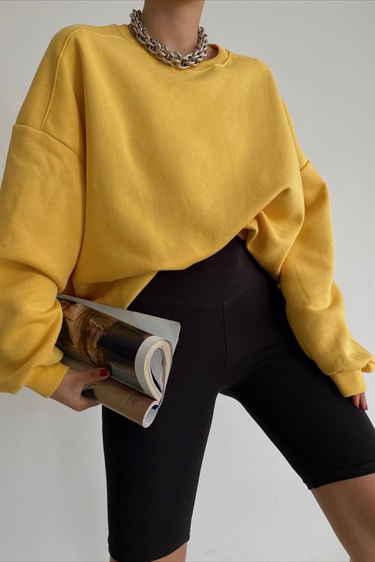 Ribanalı Bisiklet Yaka Basic Sweatshirt Sarı