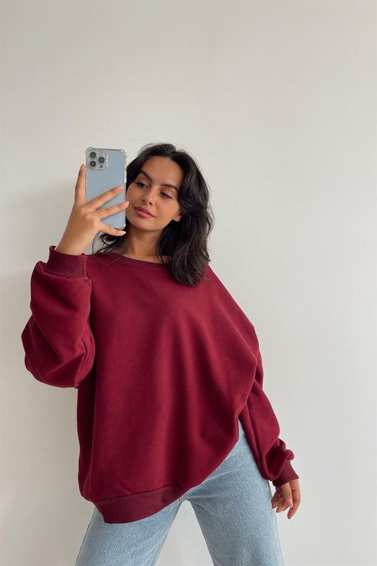 Ribanalı Bisiklet Yaka Basic Sweatshirt Bordo