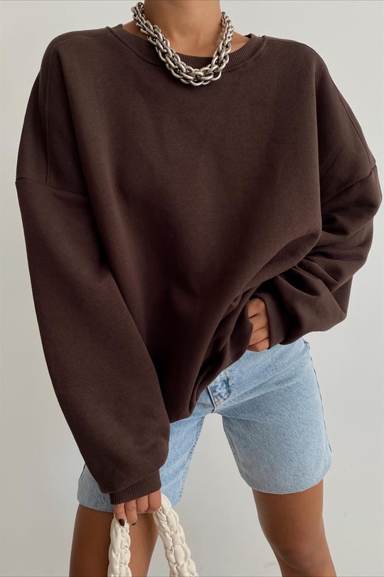 Ribanalı Bisiklet Yaka Basic Sweatshirt Kahverengi