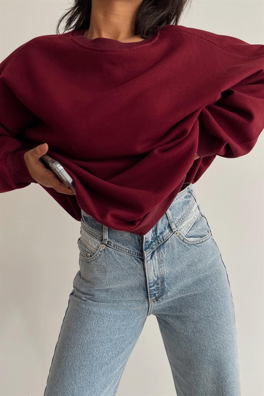 Ribanalı Bisiklet Yaka Basic Sweatshirt Bordo