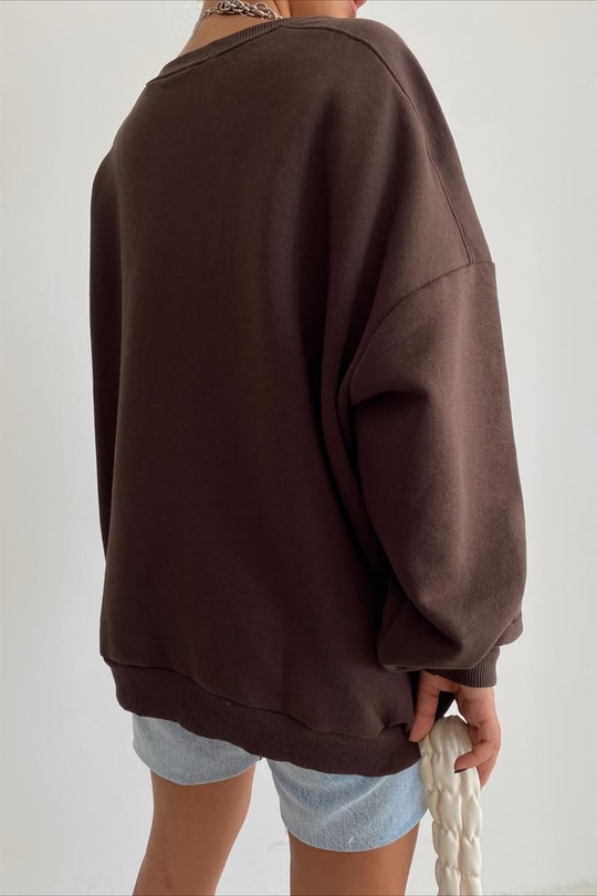 Ribanalı Bisiklet Yaka Basic Sweatshirt Kahverengi