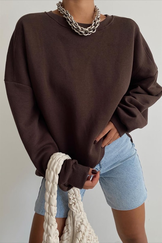 Ribanalı Bisiklet Yaka Basic Sweatshirt Kahverengi