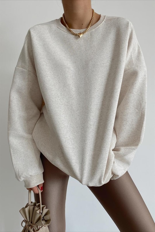 Ribanalı Bisiklet Yaka Basic Sweatshirt Bej