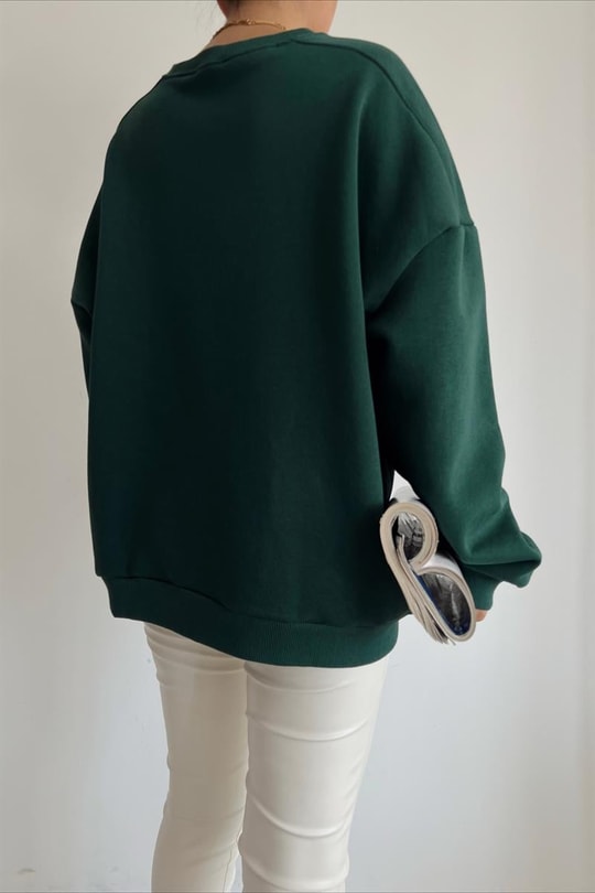 Ribanalı Bisiklet Yaka Basic Sweatshirt Zümrüt Yeşili