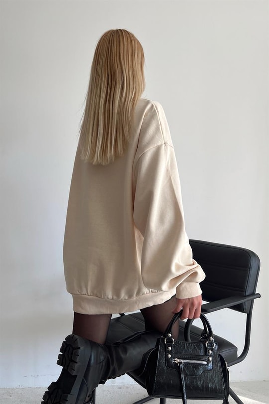 Ribanalı Bisiklet Yaka Basic Sweatshirt Krem