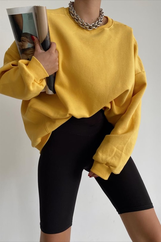 Ribanalı Bisiklet Yaka Basic Sweatshirt Sarı