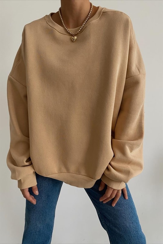 Ribanalı Bisiklet Yaka Basic Sweatshirt Camel