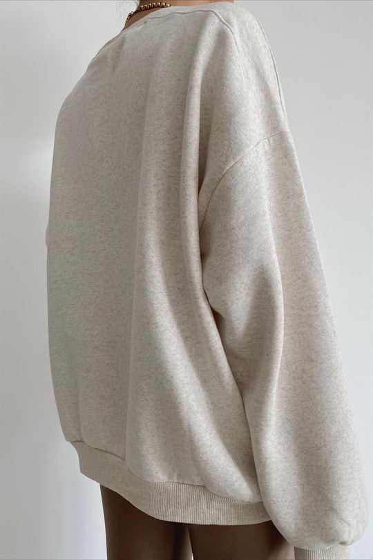 Ribanalı Bisiklet Yaka Basic Sweatshirt Bej