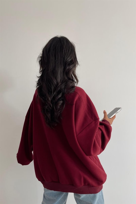 Ribanalı Bisiklet Yaka Basic Sweatshirt Bordo