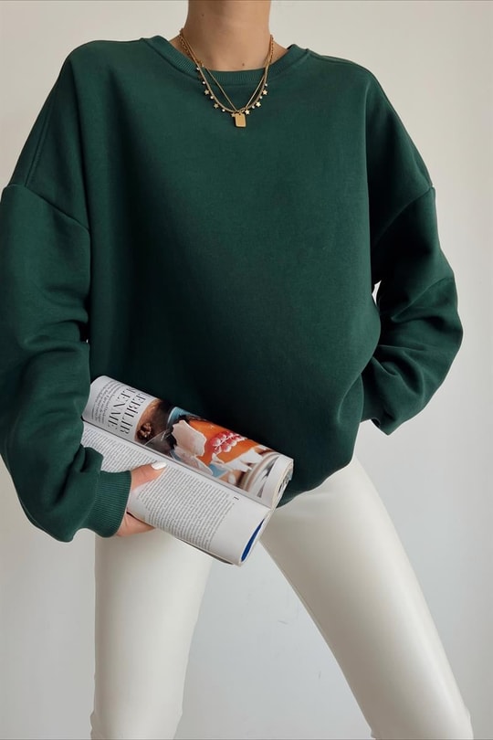 Ribanalı Bisiklet Yaka Basic Sweatshirt Zümrüt Yeşili