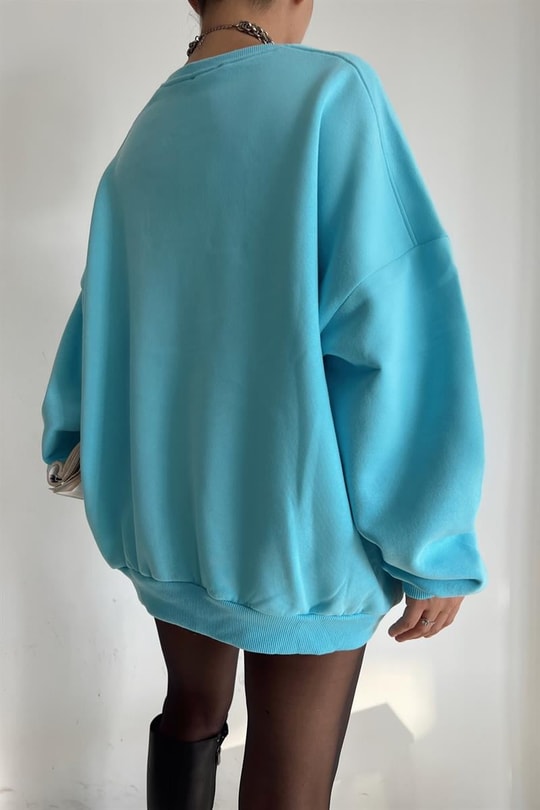 Ribanalı Bisiklet Yaka Basic Sweatshirt Açık Mavi