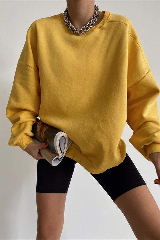 Ribanalı Bisiklet Yaka Basic Sweatshirt Sarı