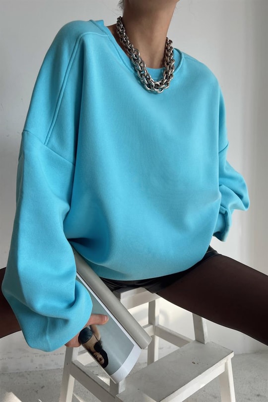 Ribanalı Bisiklet Yaka Basic Sweatshirt Açık Mavi