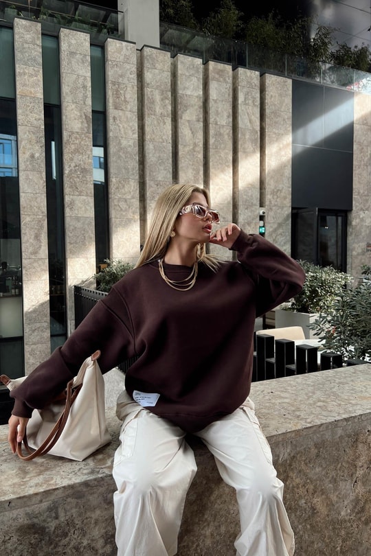 Sırt Fermuarlı Sweatshirt Kahve