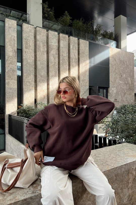 Sırt Fermuarlı Sweatshirt Kahve