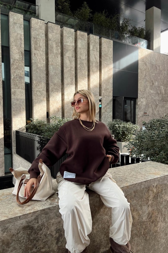 Sırt Fermuarlı Sweatshirt Kahve