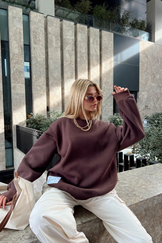 Sırt Fermuarlı Sweatshirt Kahve