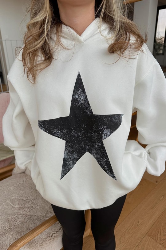 Star Baskı Sweatshirt Beyaz