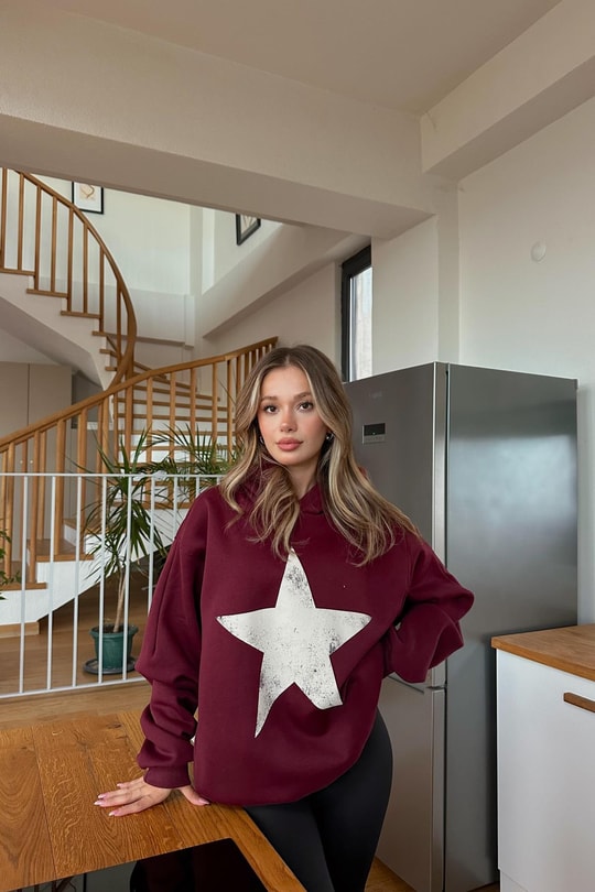 Star Baskı Sweatshirt Bordo