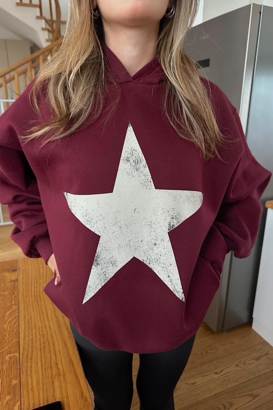Star Baskı Sweatshirt Bordo