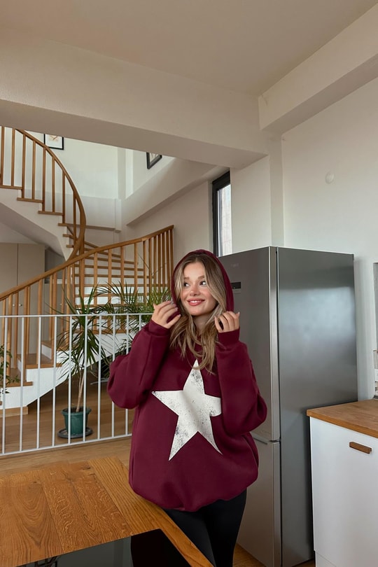 Star Baskı Sweatshirt Bordo