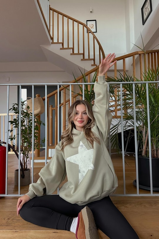 Star Baskı Sweatshirt Yeşil