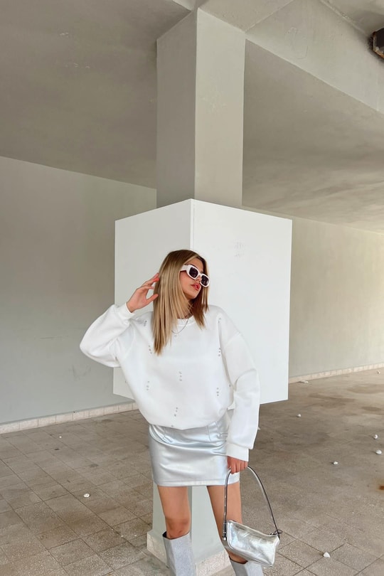 Taşlı Sweat Beyaz