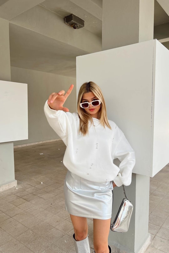 Taşlı Sweat Beyaz