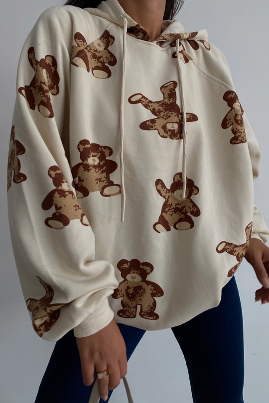 Teddy Kapüşonlu Sweatshirt Bej