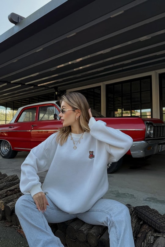 Teddy Nakışlı Sweat Beyaz