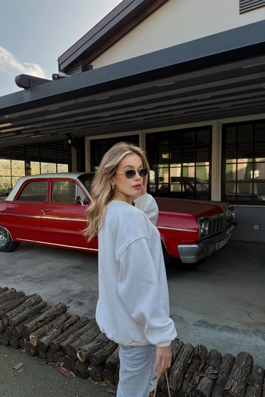 Teddy Nakışlı Sweat Beyaz