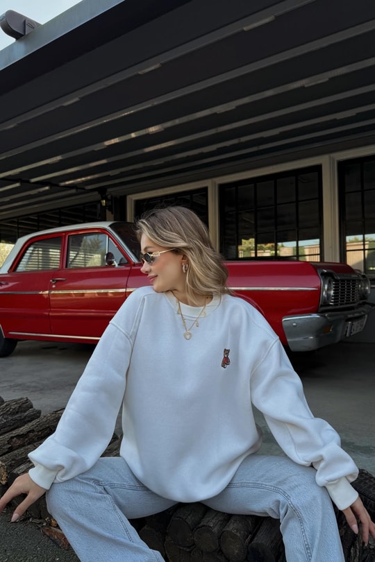 Teddy Nakışlı Sweat Beyaz