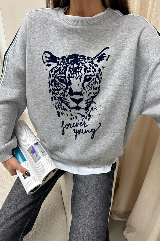 Tiger Tshirt Detaylı Sweat Gri