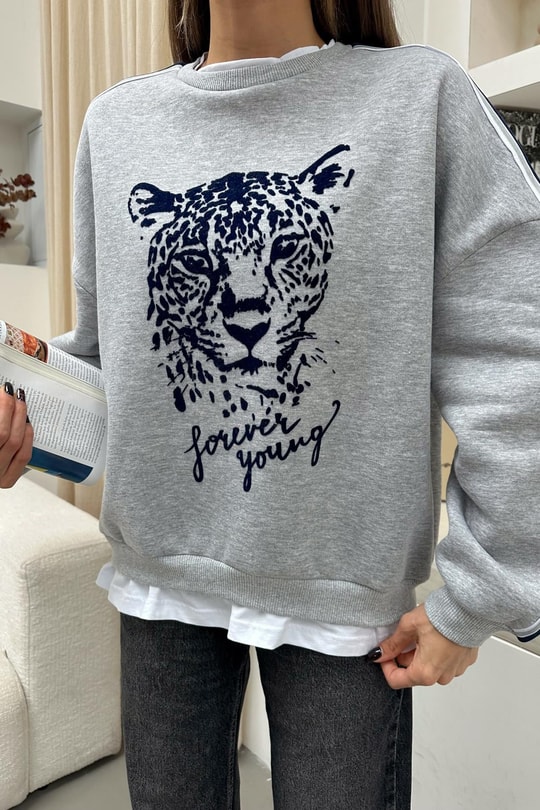 Tiger Tshirt Detaylı Sweat Gri