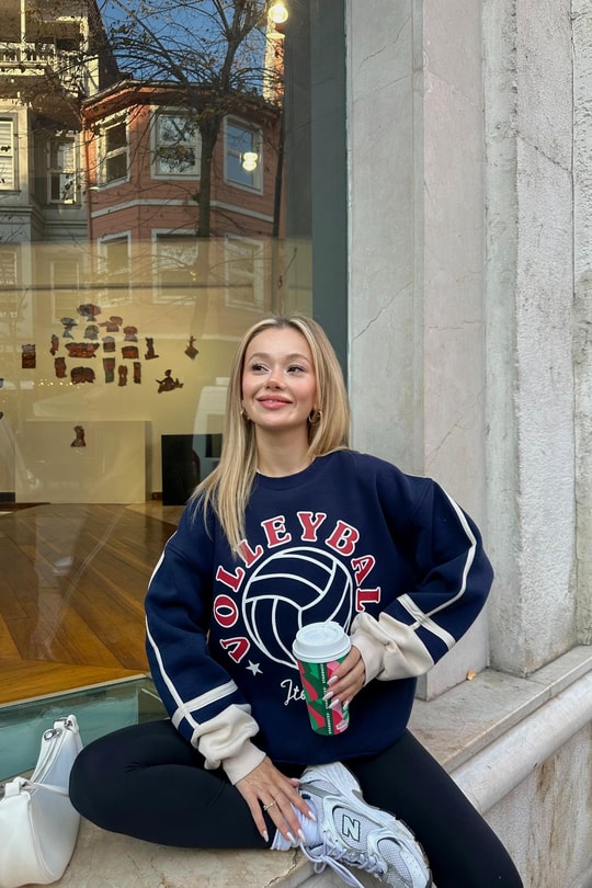Volley Kol Şerit Sweatshirt Lacivert